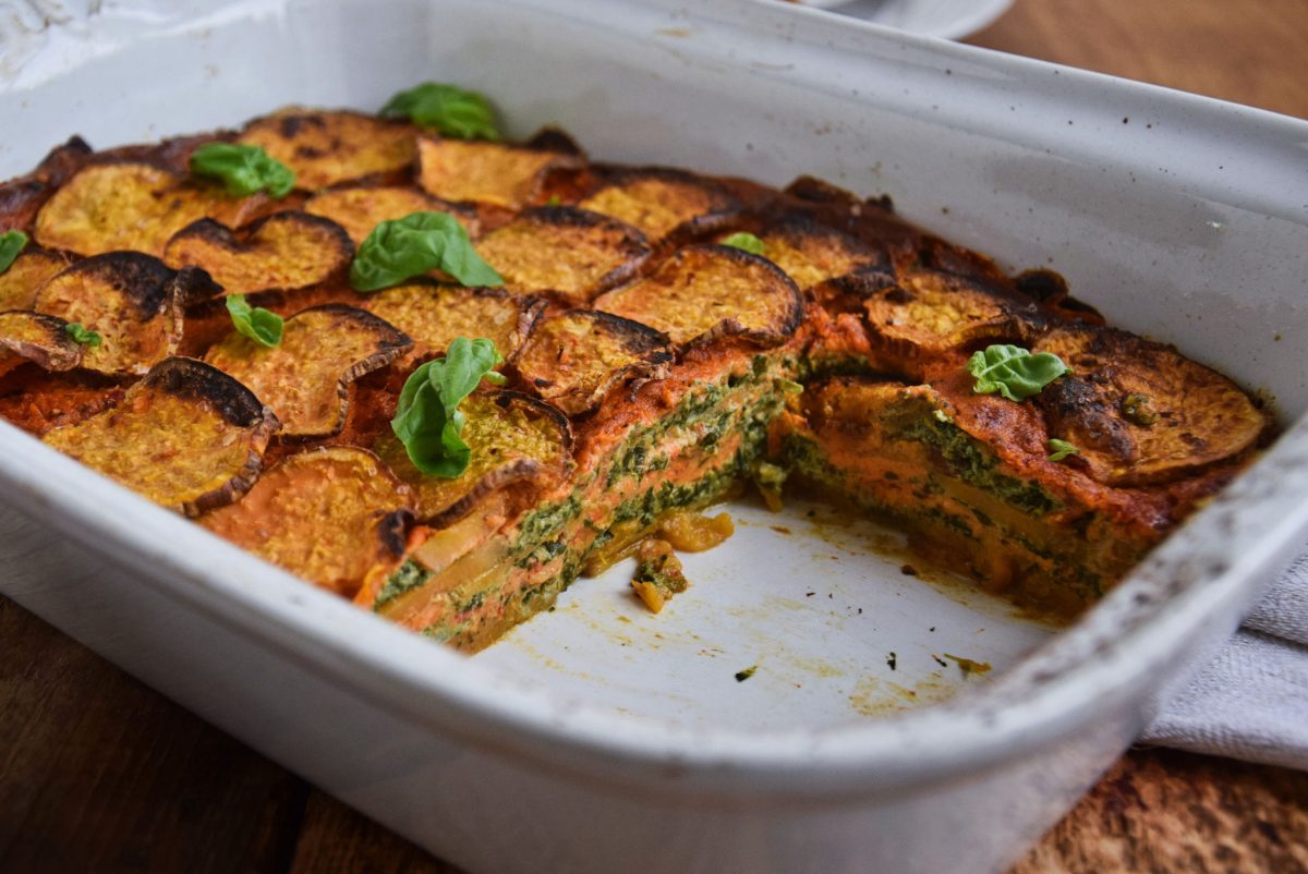 Sweet potato moussaka with spinach and ajvar - Spice Sunshine